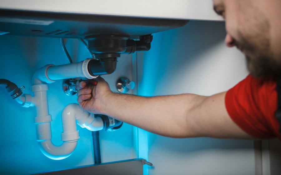 Plumber fixing pipework under a sink